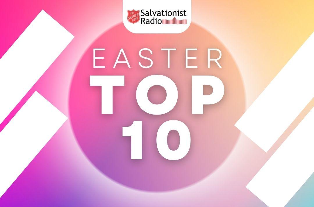 A Salvationist Radio show graphic for the Easter Top 10, featuring a multi-coloured circle with overlapping diagonal white bars. 