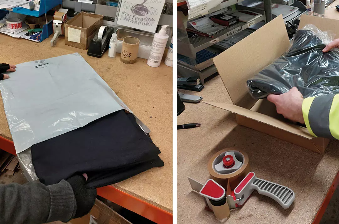 A person prepares pre-loved uniform items for reuse and delivery.