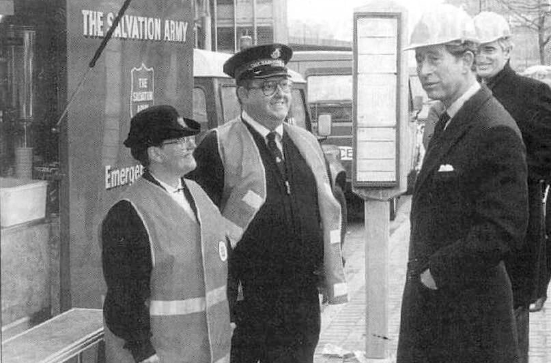 1996 – London Docklands, 13 February Prince Charles talked to Majors Robert and Muriel McClenahan, shortly after a bomb attack at London’s Docklands. The McClenahans and other Salvationists manned Hoxton’s emergency unit non-stop for days. Picture: Mike Shankster