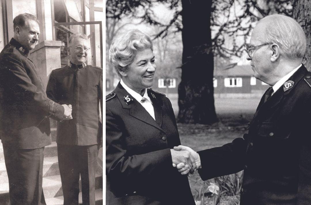 A collage of two black and white photos: The first of General-elect Wilfred Kitching shaking another officer's hand, and second: General-elect Eva Burrows shaking General Jarl Wahlström's hand