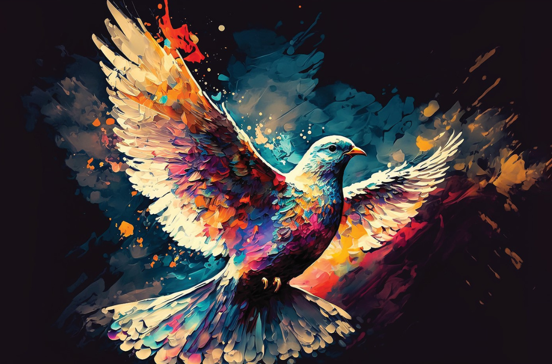 Image shows a colourful and stylised picture of a dove.