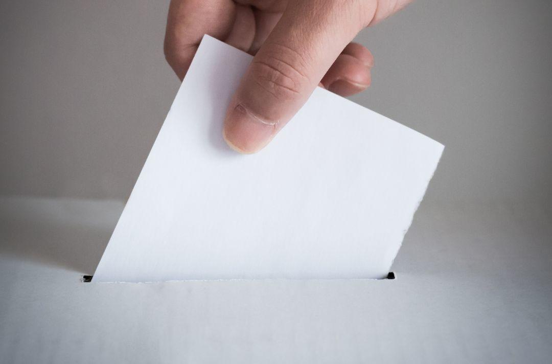Photo shows someone putting a piece of paper into a ballot box