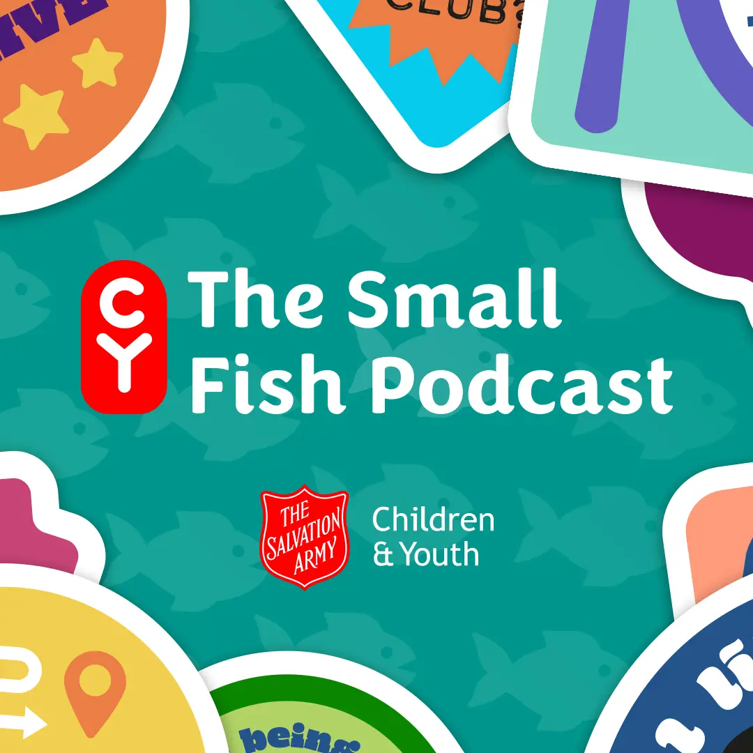 small fish podcast logo with stickers