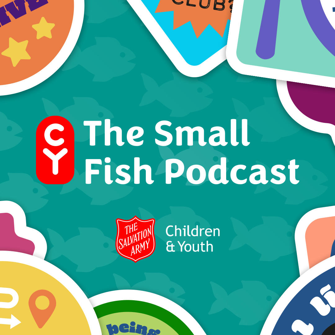 small fish podcast logo with stickers