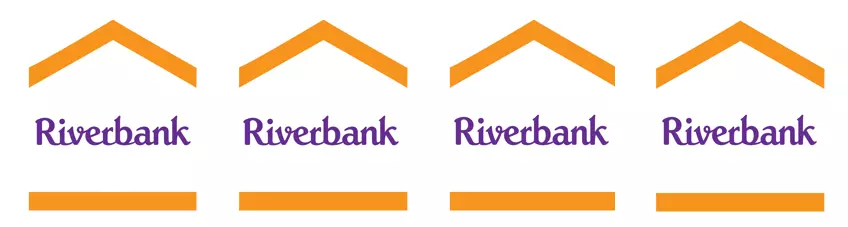 A repeated row of a logo, the word Riverford in purple and cursive inside a simplified drawing of a house.
