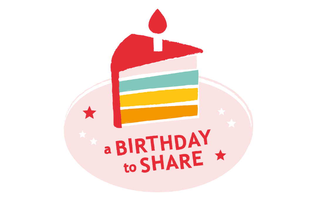 Graphic shows a slice of cake with a candle in it. Text reads: A birthday to share.