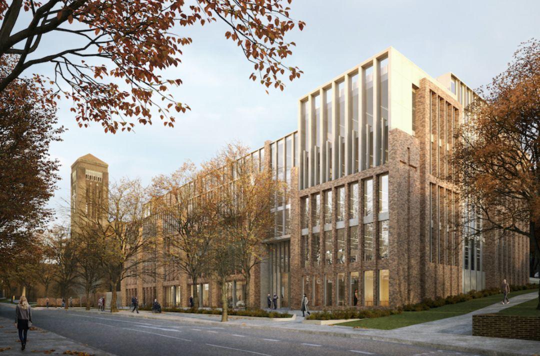 An artists impression of the new territorial headquarters, featuring a mixture of glass and brick. The tower of William Booth College is visible in the background.