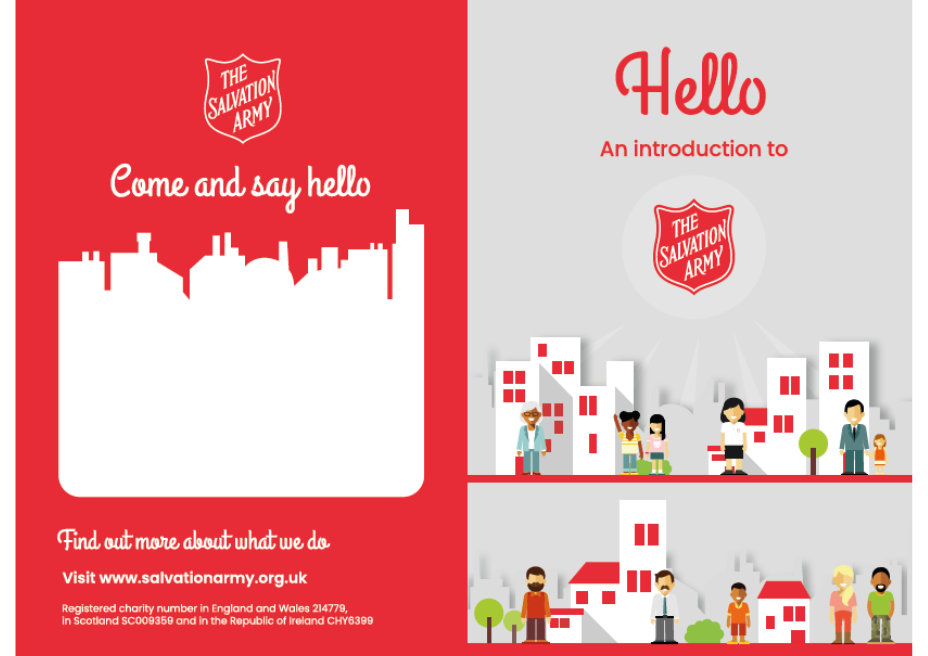 characters on a skyline with 'hello' and The Salvation Army shield