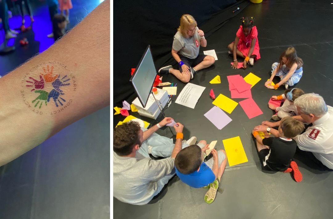 A photo collage. The first photo is of Colonel Paul Main's arm showing his Five Ways to Wellbeing temporary tattoo and the second is of a group of children completing an activity on the floor.