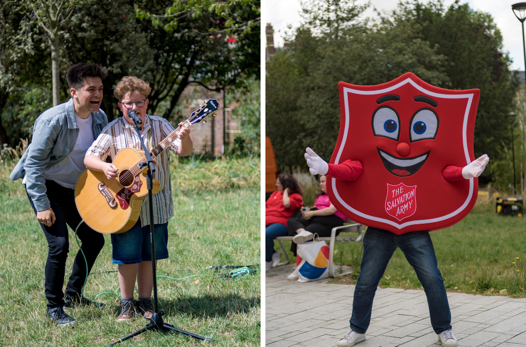 Photos shows scenes from the Together 2023 community festival. The first shows Charlie Green joining Zac as he performs on guitar. The second shoes Salvation Army mascot Shieldy standing with arms outstretched.
