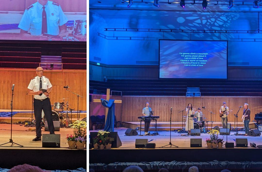 A photo collage: The first photo is of Commissioner Anthony Cotterill sharing the Bible message on the stage of Fairfield Halls, and the second is of worship group Meraki leading worship next to a cross with purple cloth hung around it.