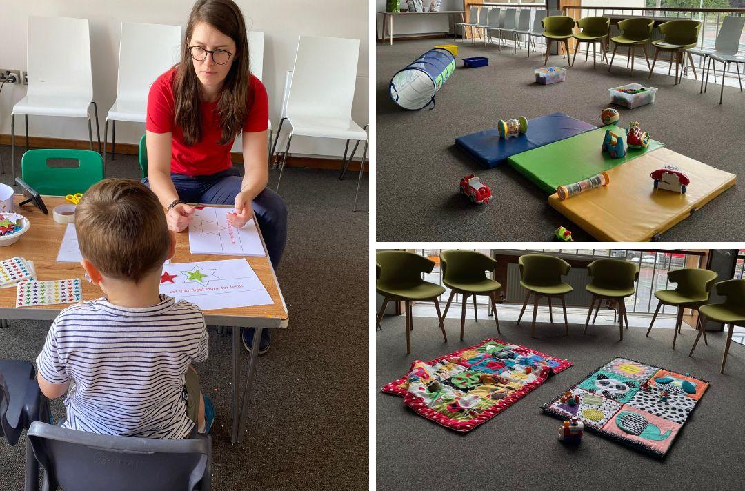 A photo collage of the family room at Together 2023. The main photo is of a a mother and toddler doing craft and the other photos show play mats for toddlers and other toys.