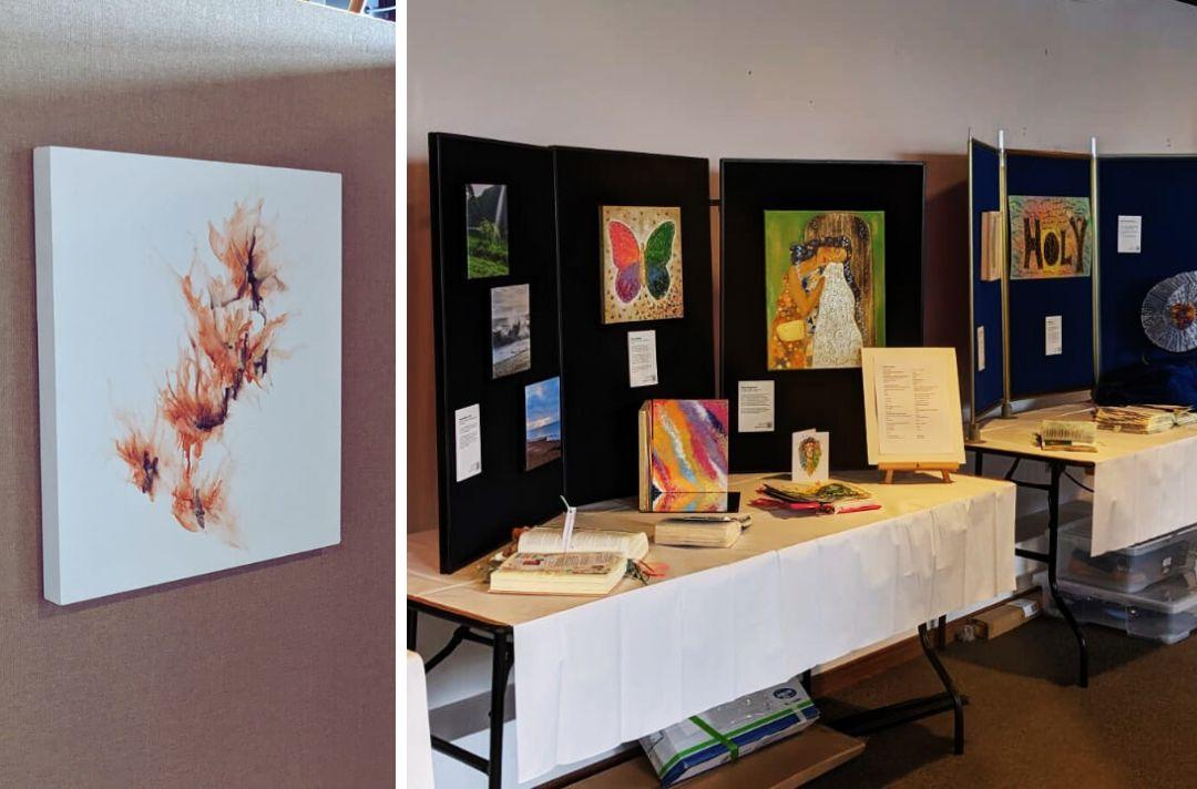 A photo collage featuring photos from the art exhibition at Together 2023. There are works of art on a pop-up display