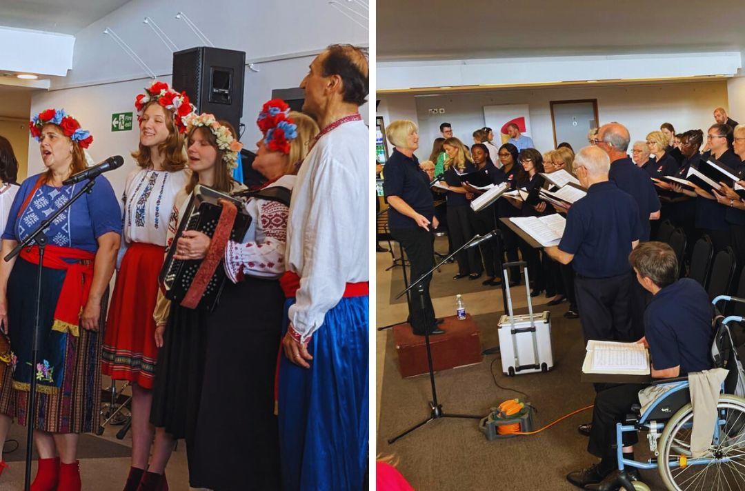 A photo collage of music groups performing. The first photo is a Ukrainian folk group wearing traditional dress and the second photo is a choir.