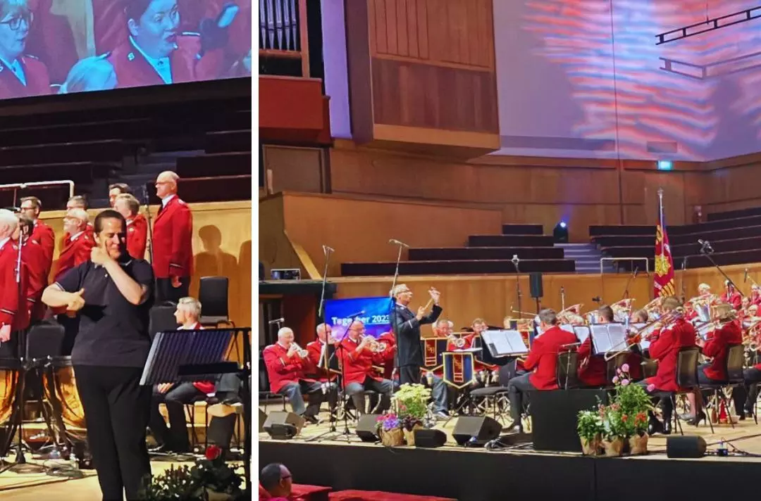 A photo collage. The first photos shows the ISS singing with a person interpreting in British Sign Language. The second is of the ISB.