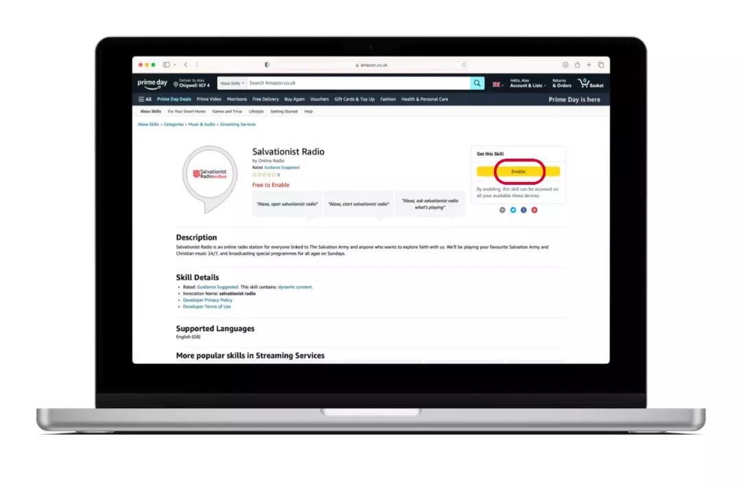 A screenshot of an amazon.co.uk webpage with the 'enable' button highlighted