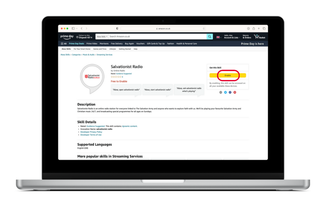 A screenshot of an amazon.co.uk webpage with the 'enable' button highlighted