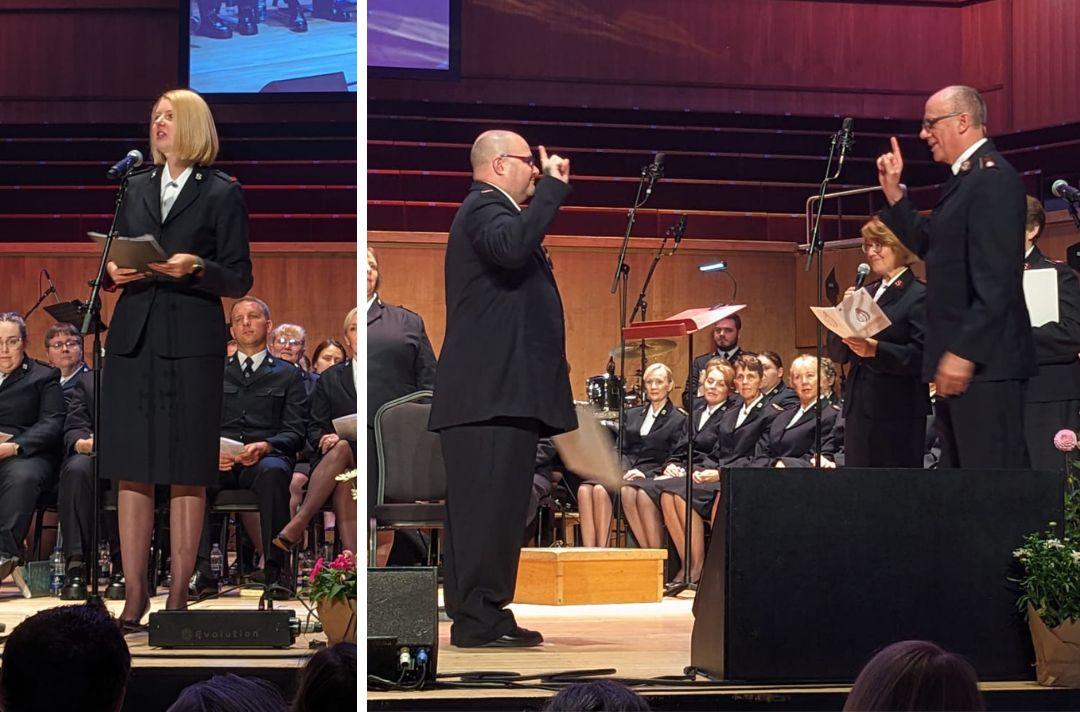 A photo collage from Commissioning, showing Hannah Turnbull giving her testimony and Mat Griffiths being commissioned by Commissioner Anthony Cotterill
