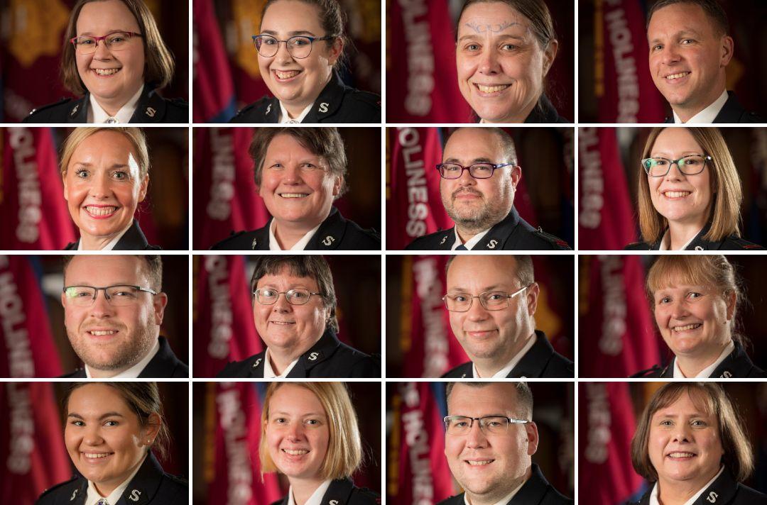 A collage of the 16 cadets of the Reflectors of Holiness session, wearing Salvation Army uniform