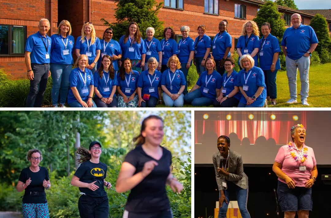 Three photos show shots from Riverbank 2023. The first shows all the leaders posing for a group photo. The second shows three runners jogging along a path. The third shows two people laughing and acting as part of a comedy show.