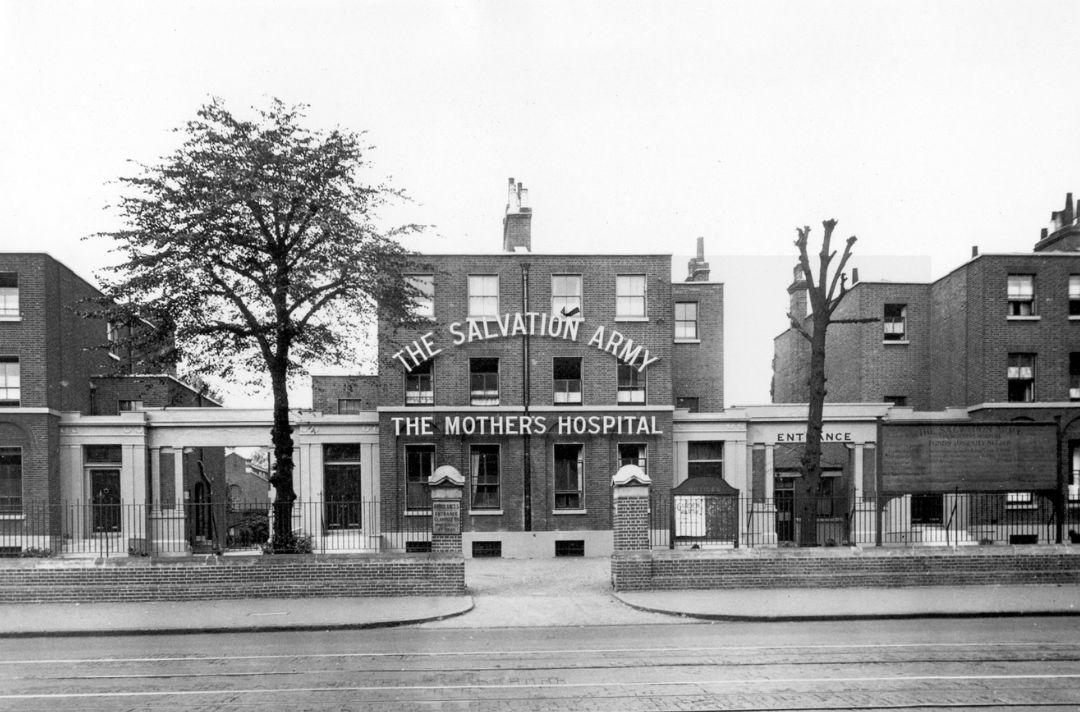 A black and white photo of a build with the signage that reads 'The Salvation Army Mothers Hospital'