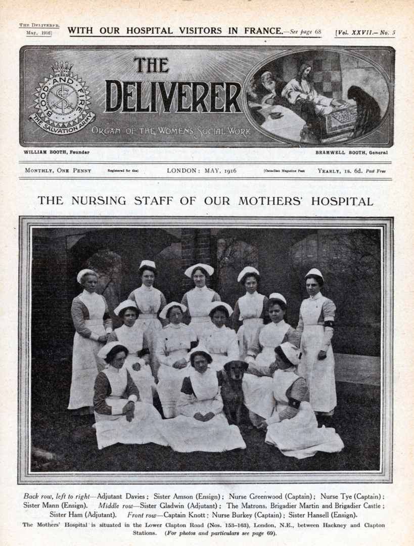 A photo of the Deliverer newspaper from May 1916 with a front page story titled 'The nursing staff of our mothers' hospital' and a group of nurses in white uniforms posing for a photo