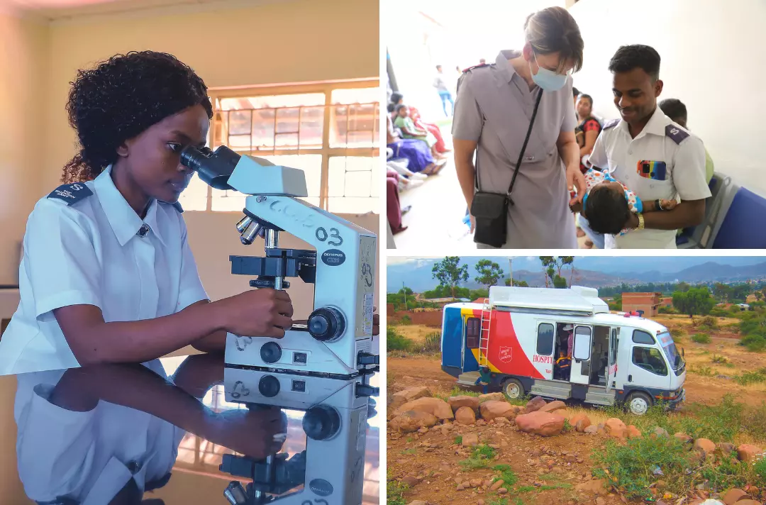 Three photos shows scenes from The Salvation Army's International Health Services. The first shows someone looking into a microscope. The second shows two people looking fondly at a baby held by one of them. The third shows a Salvation Army van with its doors open.
