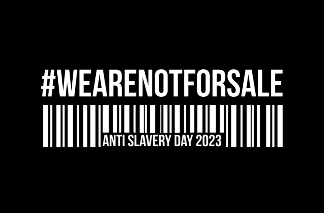 A graphic of a barcode with the text '#WeAreNotForSale, Anti Slavery Day 2023'
