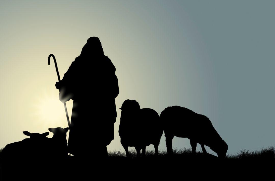 A photo of a shepherd holding a crook with sheep in a field - they are in silhouette 