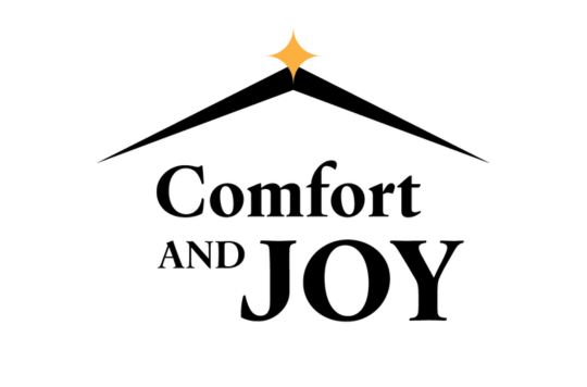 'comfort and joy' text underneath a black roof and a yellow star