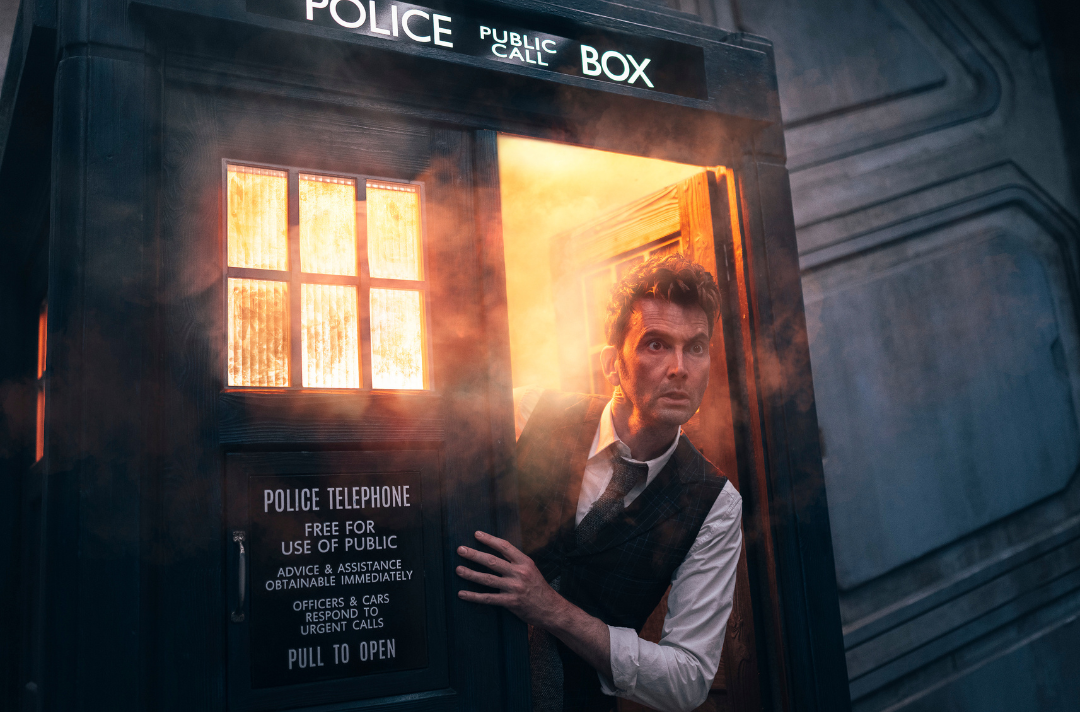 A photo shows David Tennant's 14th Doctor stepping out of the Tardis. Picture: BBC Studios, Bad Wolf, Disney, © BBC Studios 2023