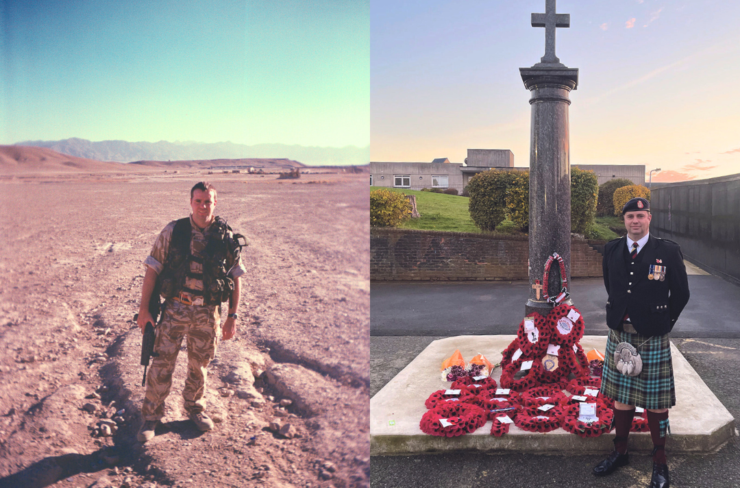 Two photos show Kevin Russell. In the first he stands in a desert in military gear. In the second he stands next to a war memorial in ceremonial uniform.