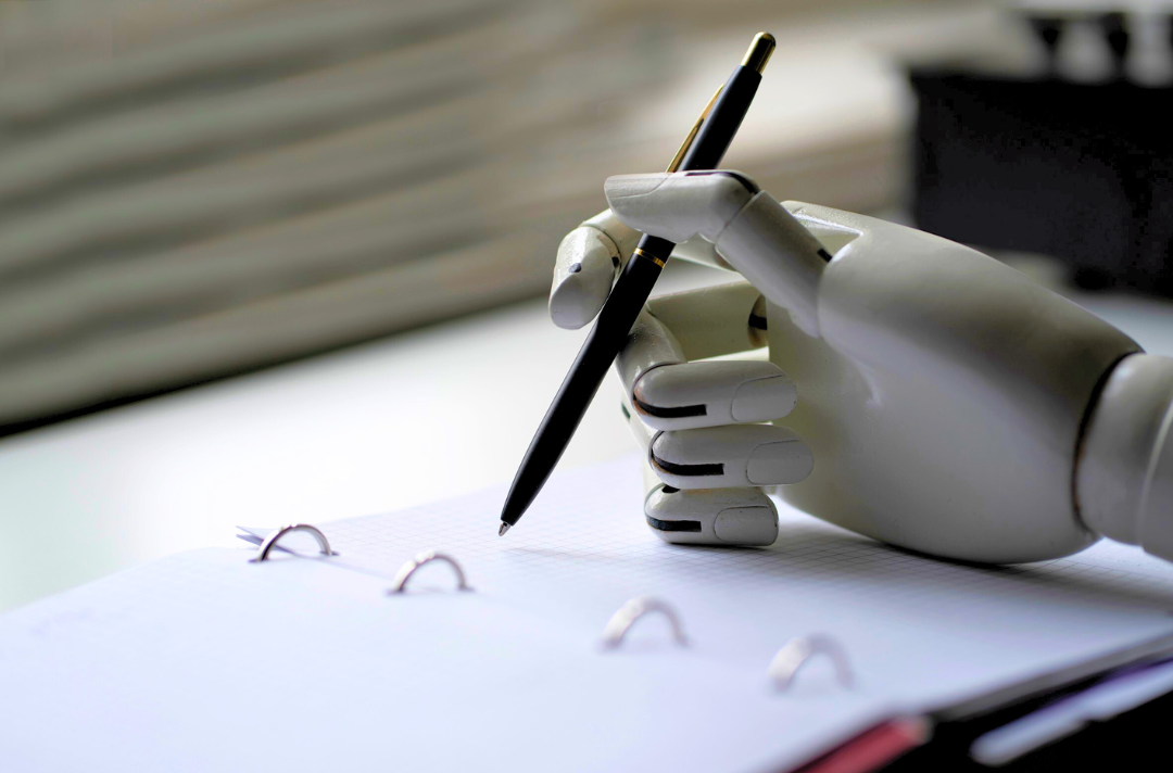 A photo shows a white robotic hand holding a black pen to paper.
