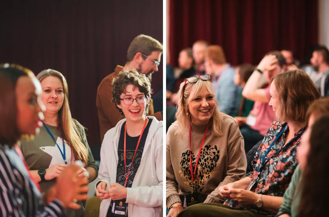 Two photos show groups of people gathered together and chatting happily.