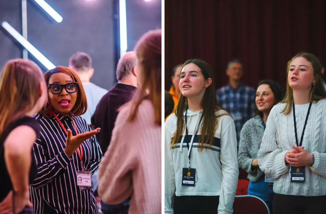 Two photos shows people engaged in conversation and worshipping.