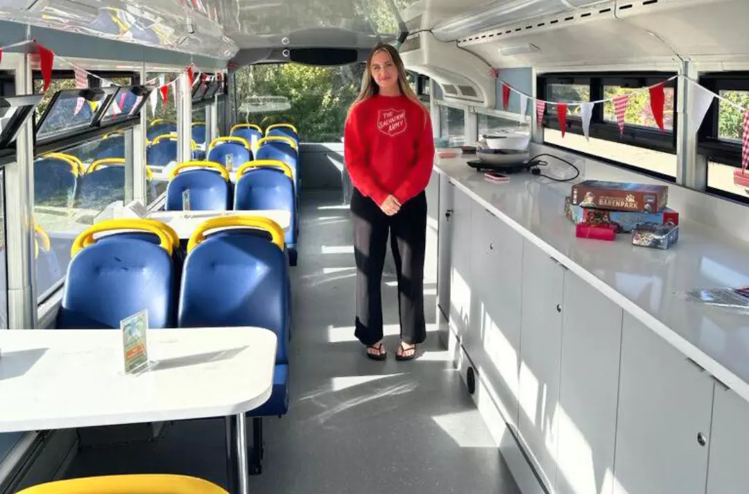 A photo shows the inside of the top deck of the Canvey Island supermarket bus.