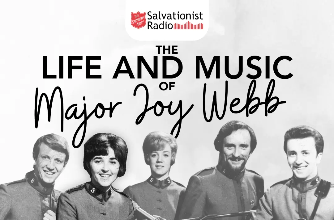 Text reads: The Life and Music of Major Joy Webb. Below the text is a black and white image of the members of the Joystrings with Joy highlighted.