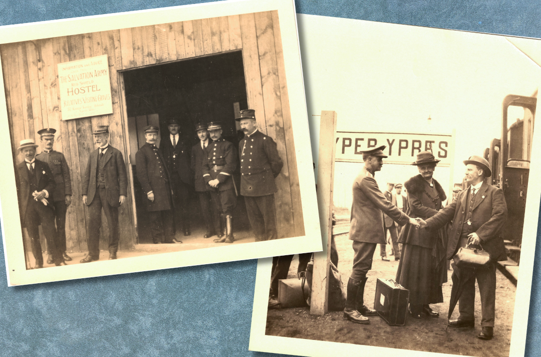 A graphic displays two old black and white photos. The first shows people standing outside a Salvation Army Hostel. The second shows someone being greeted at Ypres.