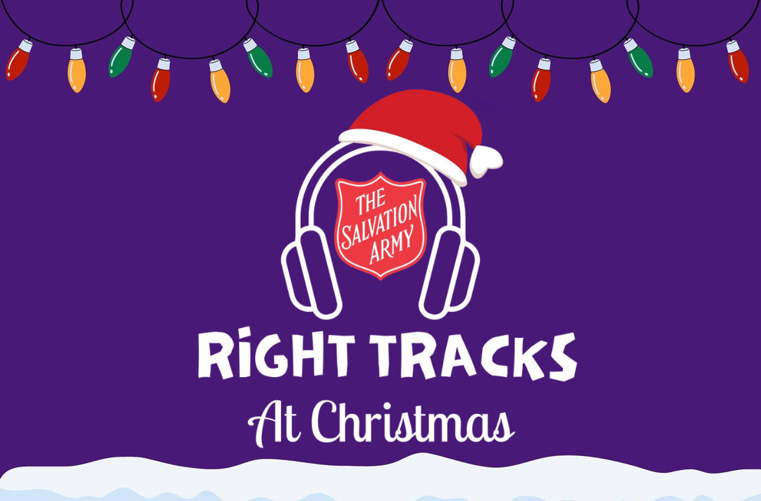 A graphic shows the Salvation Army shield wearing headphones above the text 'Right Tracks at Christmas'. Above the logo hang Christmas lights. Below the logo sits piles of fluffy snow.