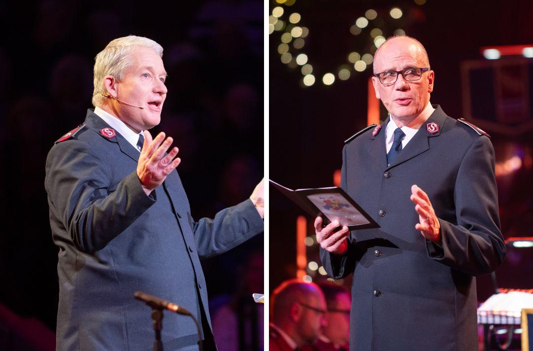 A collage of two photos: one of Paul Main and the other of Anthony Cotterill - both are speaking to the audience on the stage of the Royal Albert Hall wearing Salvation Army uniform