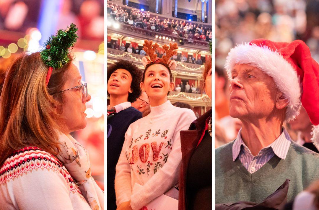 A collage of three audience members wearing festive accessories: one with a Christmas tree headband, one with reindeer antlers and another with a Santa hat