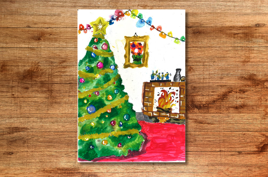 A painting shows a Christmas tree under lights and next to a fireplace.