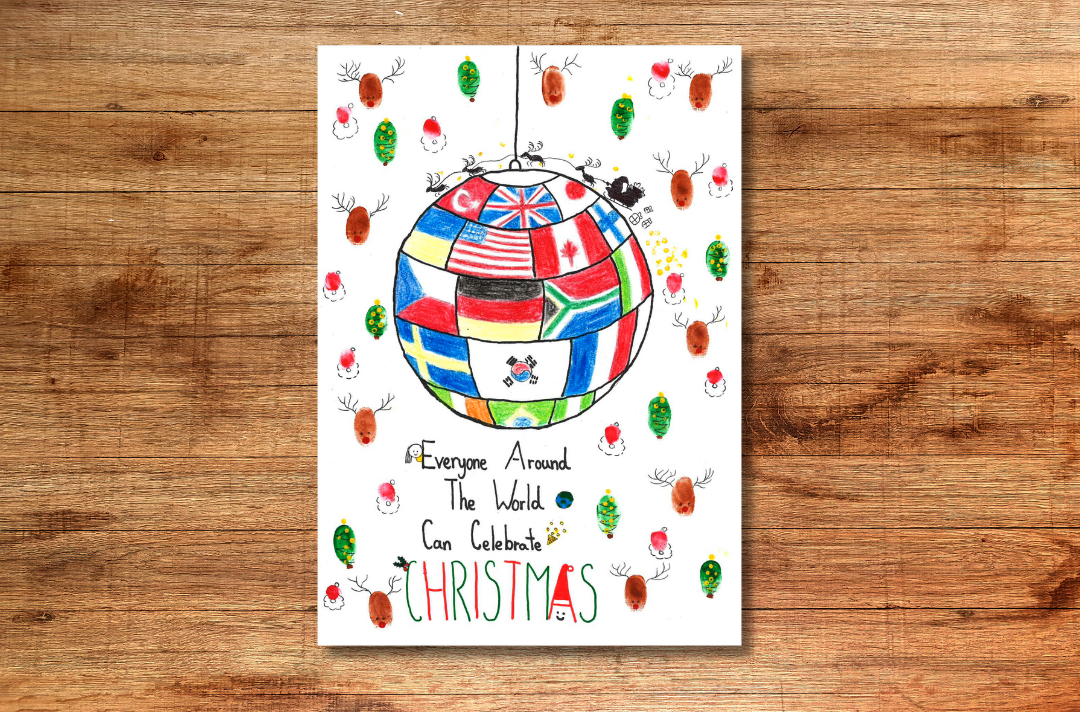 A drawing shows a globe made up of flags from countries around the world. Text reads: Everyone around the world can celebrate Christmas.