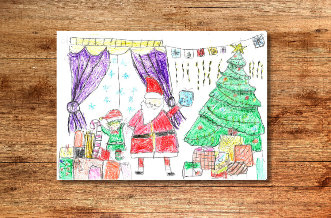 A drawing shows Father Christmas and an elf in a house filled with presents and a Christmas tree.