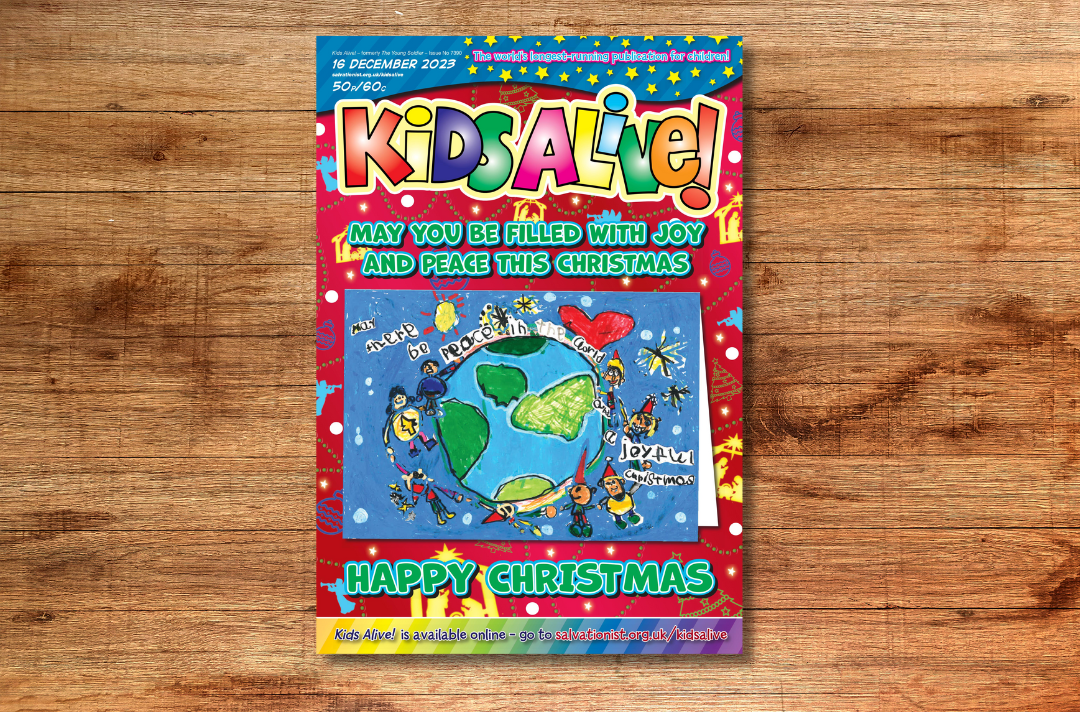 A graphic shows the cover of Kids Alive! 16 December proudly featuring Hadrian's Christmas card design.