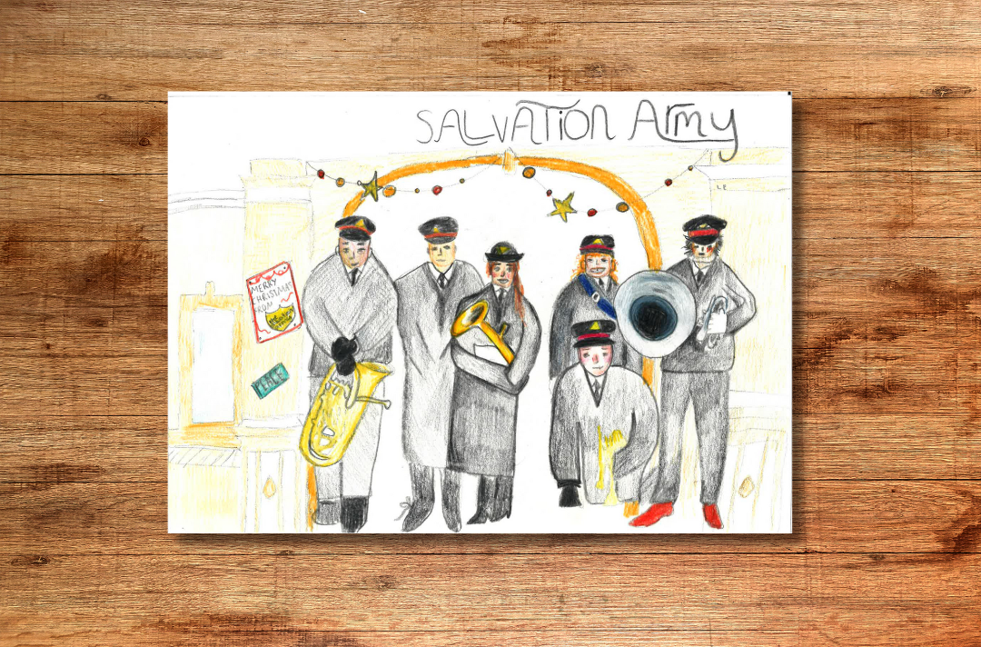 A drawing shows a Salvation Army band out carolling.