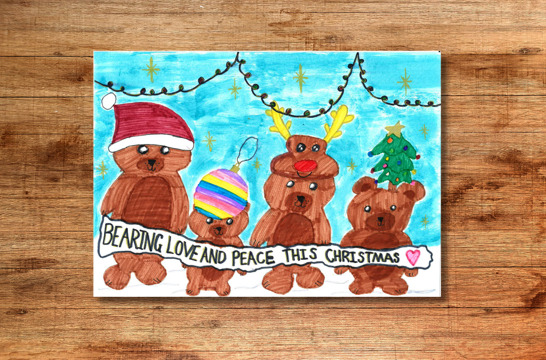A drawing shows teddy bears with Christmas-themed headwear. A banner reads: Bearing love and peace this Christmas.