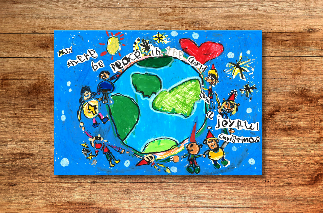 A child's drawing shows people holding hands around the world.