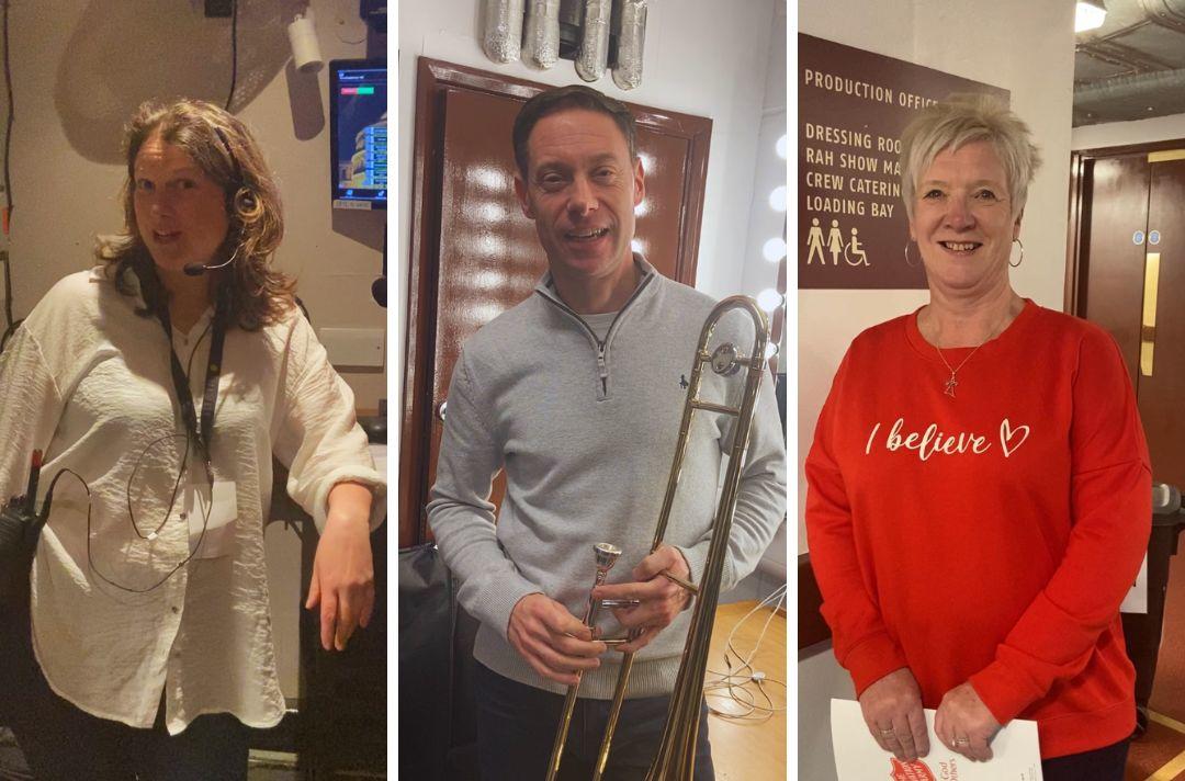 A collage of three photos: the first of Jo wearing a stage manager headset, the second is of Andrew holding his trombone and the third is of Ruth holding tonight's programme