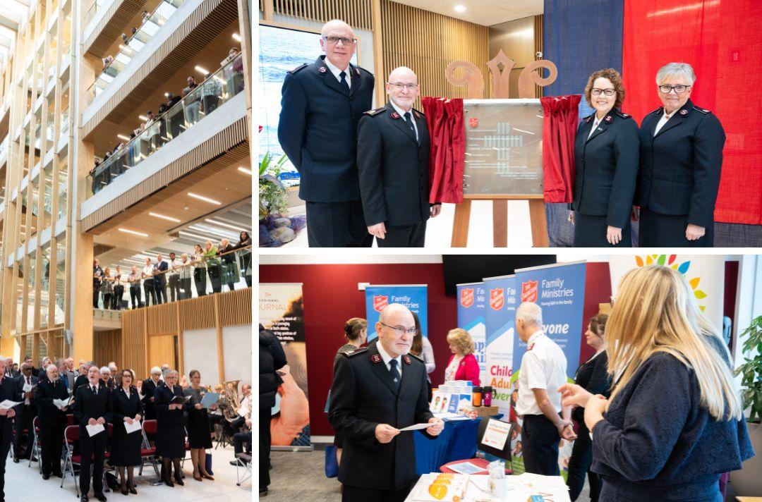 A collage of photos: one of the audience standing and singing in the atrium of the new THQ, one of the international and territorial leaders standing by the plaque to mark the opening, and the final image of General Lyndon Buckingham looking around stalls featuring the work of Salvation Army teams such as Family Ministries